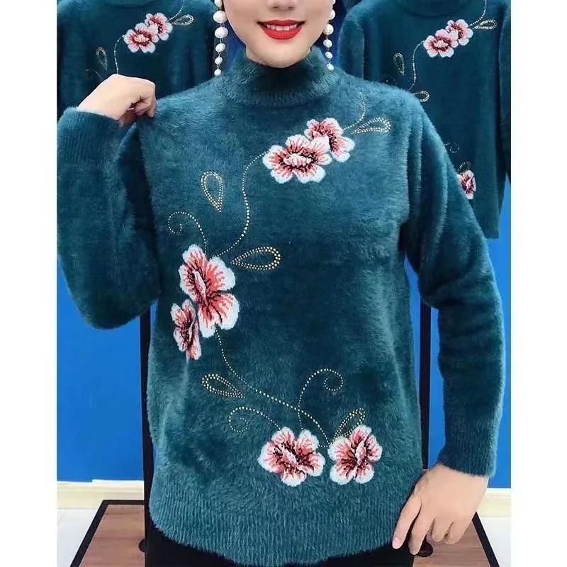 Women's Fall and Winter Models Padded and Thickened Half Turtleneck Sweater Middle-aged and Elderly Plus Size Loose Comfortable Sweater