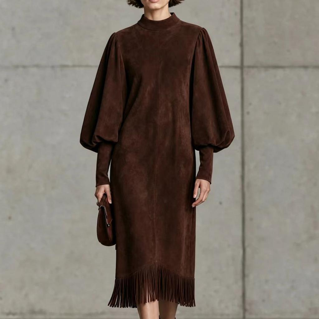 Abito Maxi da Donna Colorato con Scollo Alto e Maniche Lunghe, Vestibilità Larga, per Uso Casual