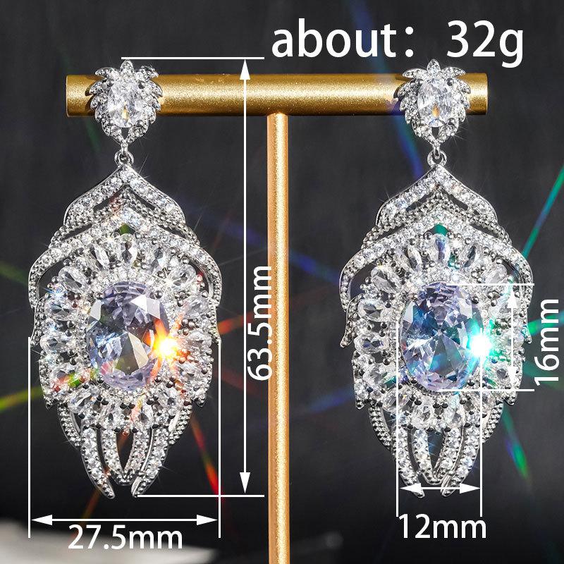 Light luxury heavy industry full diamond zircon earrings, oval cut dinner party style long bride earrings