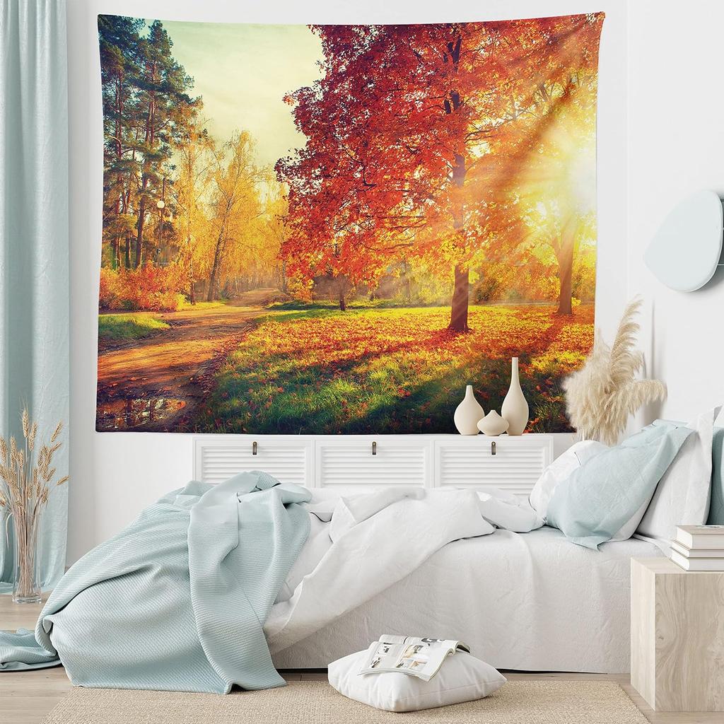 Fall Tapestry, Vibrant Misty Day in Forest Sun Rays Trees Foliage Fallen Leaves Calm View, Wide Wall Hanging for Bedroom Living