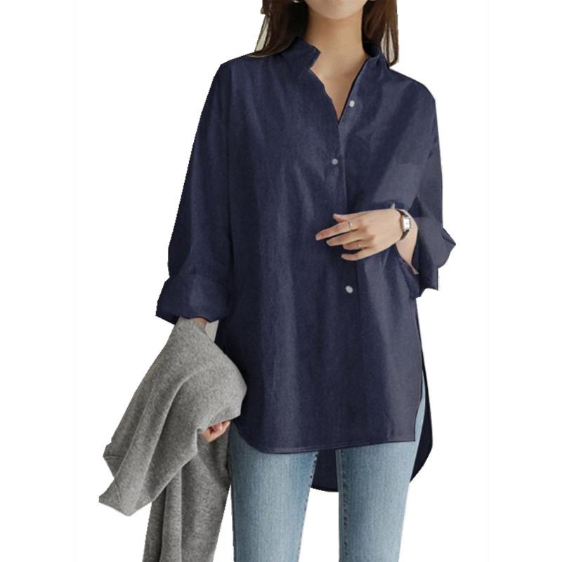 Women Solid Color Button Down Shirt Loose Long Sleeve Casual Blouse