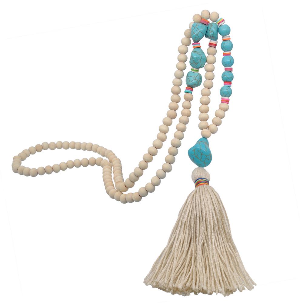 Handmade Bohemian Wooden Bead Necklace with Peace Symbol Pendant and Tassel