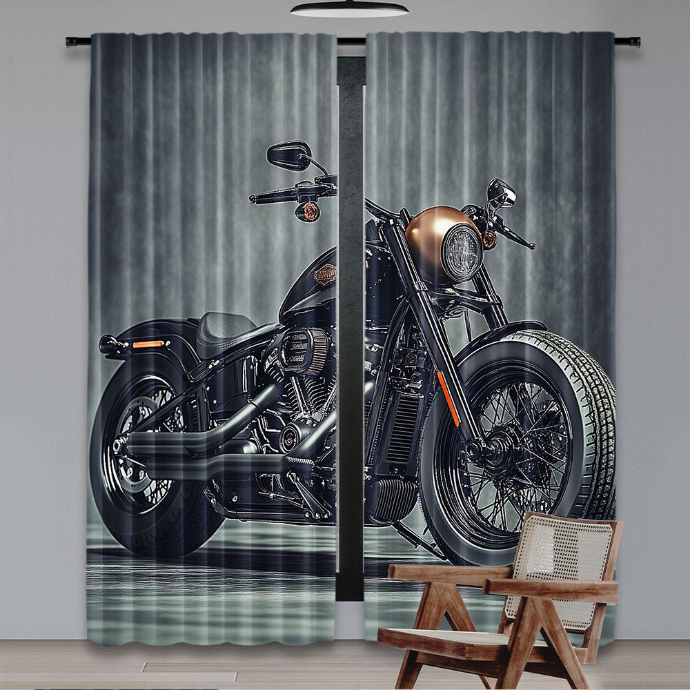 2Pcs Vintage Motorcycle Curtain Cool Classic Motorbike Home Decor Suitable For Bedroom Bathroom Living Room Dining Room Study