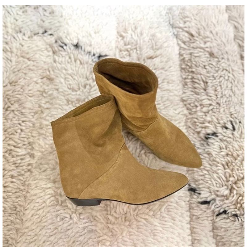 Leather Retro Oblique Mouth Wide Tube Short Tube Flat Bottom Pointed Head Western Cowboy Boots Small Naked Boots Thin Boots Short Boots Womens