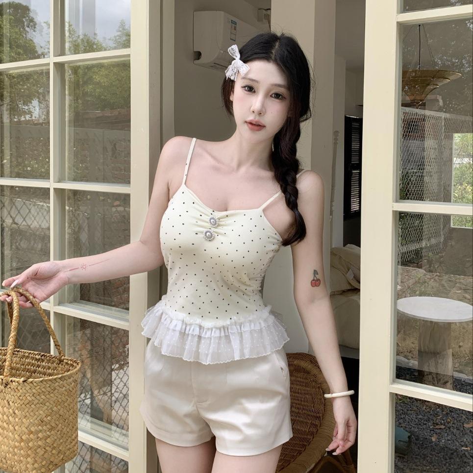 #Human Cotton Sweet Wind Polka Dot Lace Splicing Sling Vest with Lace Hem Slim Fit One-piece with Chest Pad