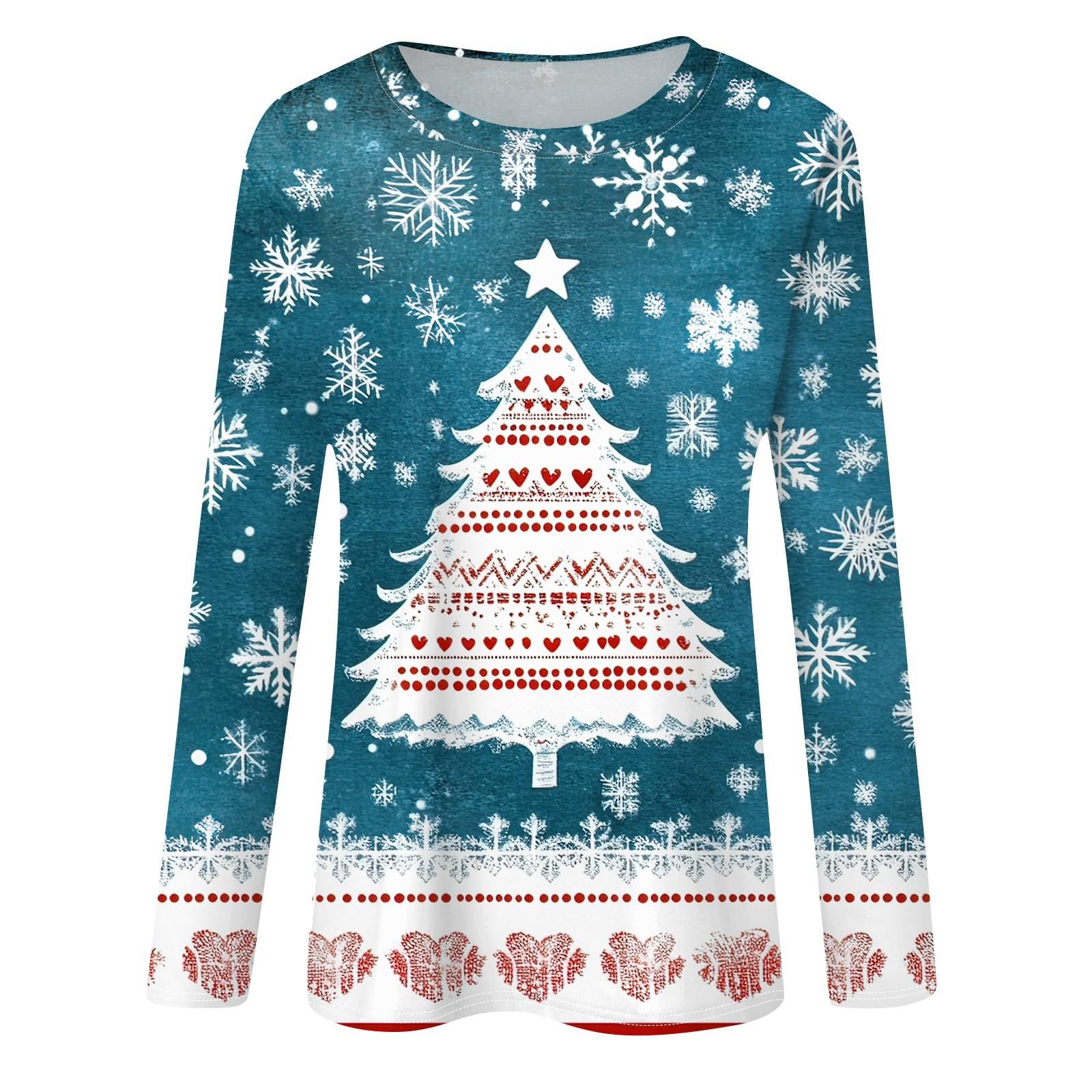 Женская мода повседневный рождественский принт круглый вырез длинный рукав пуловер — фото 3