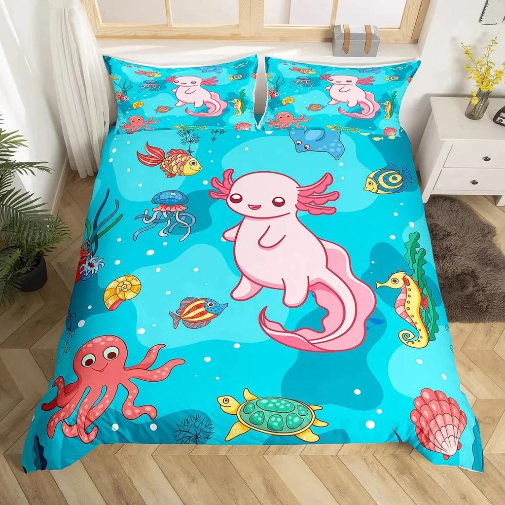 Cartoon Axolotl Duvet Cover Set King/Queen Size Kids Girls Boys Cute Rainbow Sea Wildlife Animal Reptile Polyester Bedding Set
