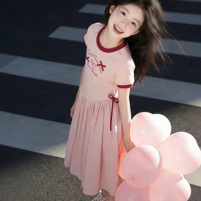 Girls Dress 2026 Kids A-Line Short Sleeve Letter Print Princess