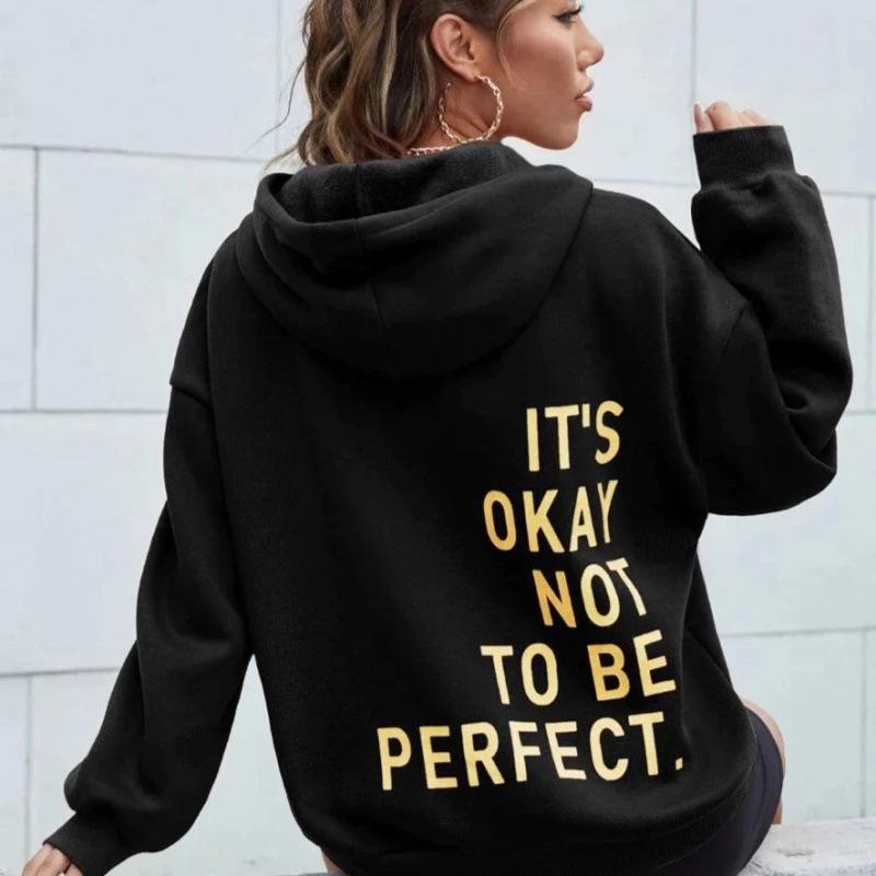 Women's Multi-color Letter Print Casual Loose Long Sleeve Hooded Sweatshirt