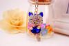 [BERUKO] Soothing, Smiling, Cute Cat, Happy Kitty, Sparkling Stone Keychain (Blue)