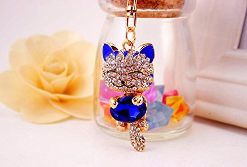 [BERUKO] Soothing, Smiling, Cute Cat, Happy Kitty, Sparkling Stone Keychain (Blue)