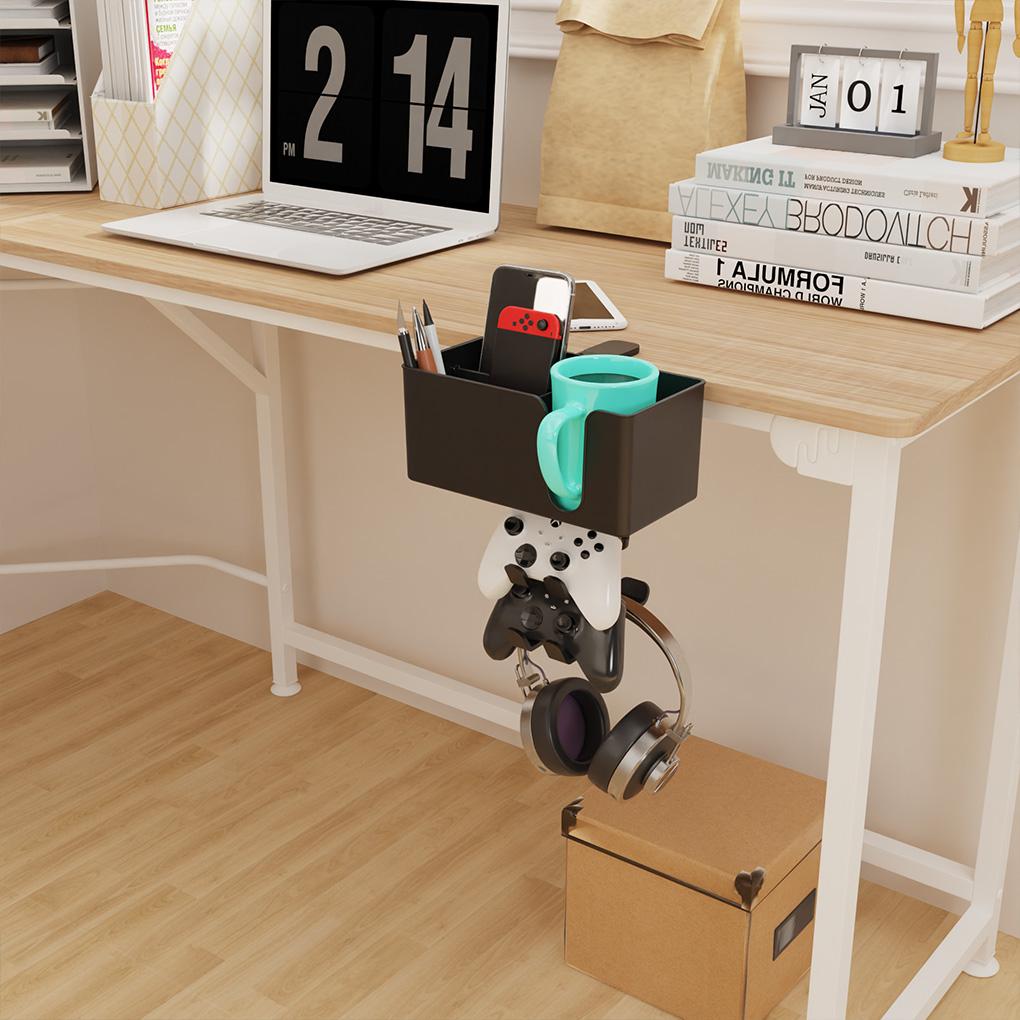 5 in 1 Desk Headphone Hanger Clamp Under Desk Cup Holder Rotating Game Controller Stand Detachable Pen Cup Holder Desk Storage