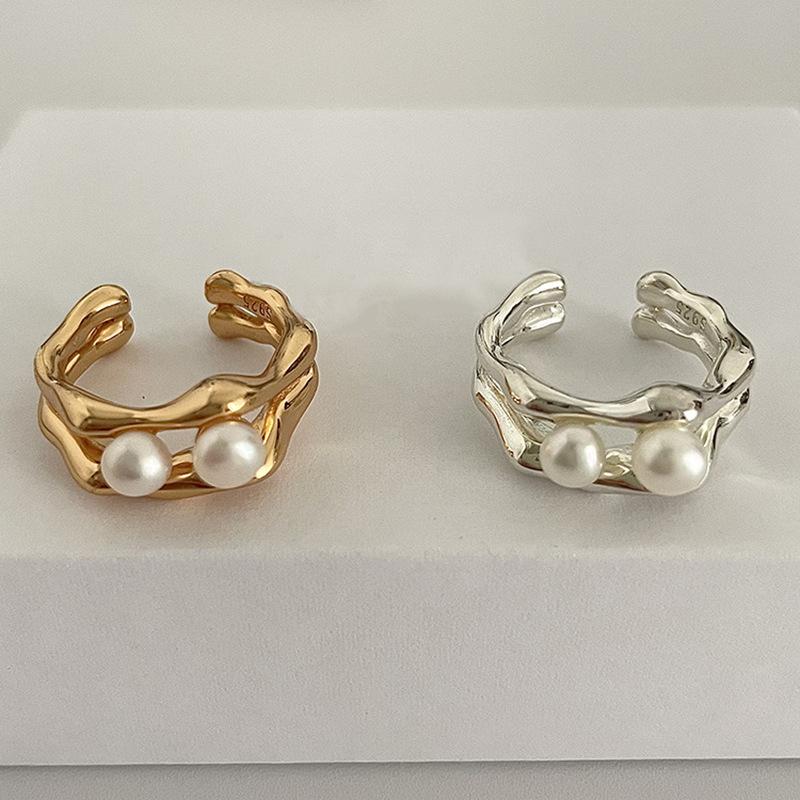 Adjustable Open Elegant Ring With Double Layer Freshwater Pearls For Womens Fashion