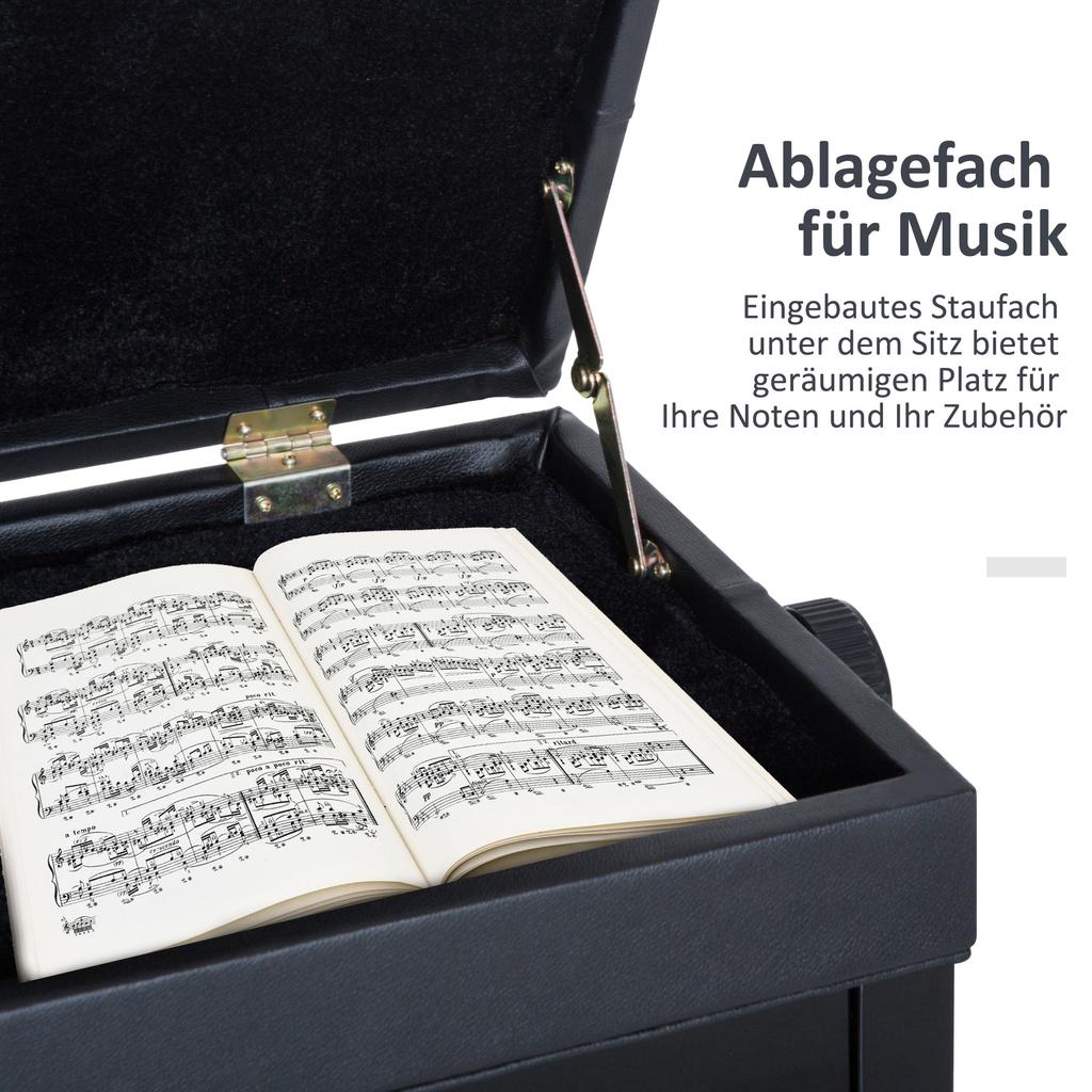 Panca per Pianoforte, Panca Regolabile in Altezza con Scomparto Portaoggetti, Gambe in Legno, Sgabello per Pianoforte in Ecopelle, per Sala Musicale, Capacità di Carico fino a 200 kg