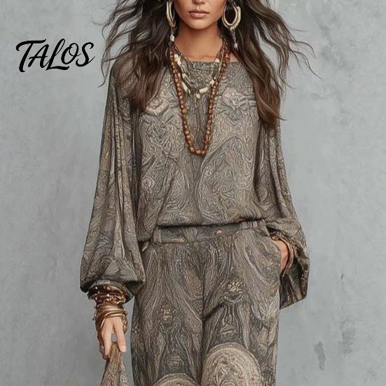 Birnenform Schmeichelhaftes Outfit Boho-Print 2-teilige Sets für Damen, Lässiges Langarm-Oberteil Damen Weitbeinige Hosen Passende Sets, Sommer Locker Reisen