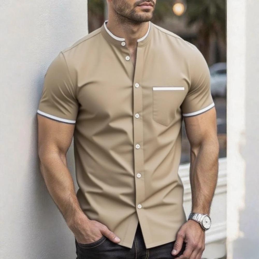 New Men Summer Short Sleeve Fashion Stand Collar Shirt Men Pure Color Casual Shirt