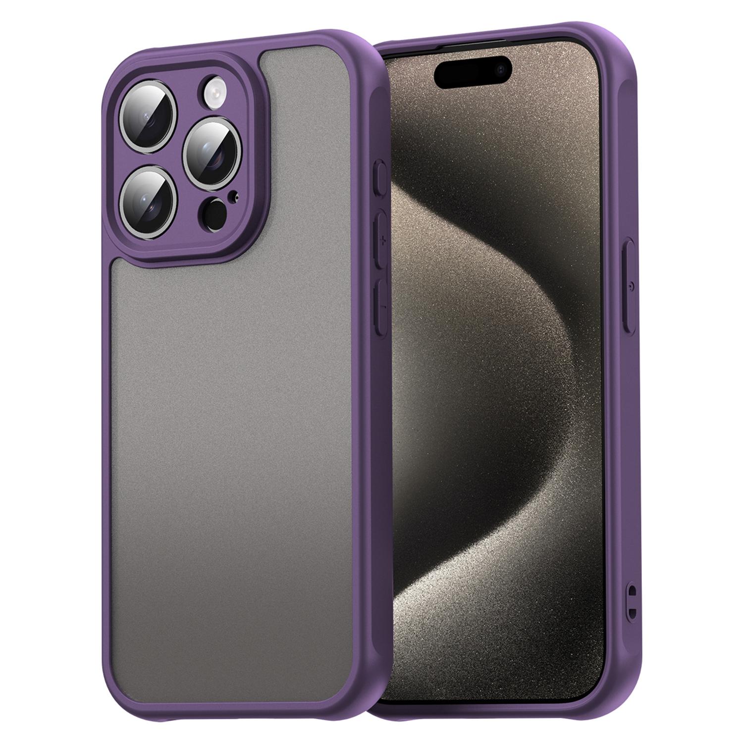 

For iPhone 15 Pro Max Case Drop Proof Airbags Frosted Translucent PC+TPU Phone Back Cover Purple