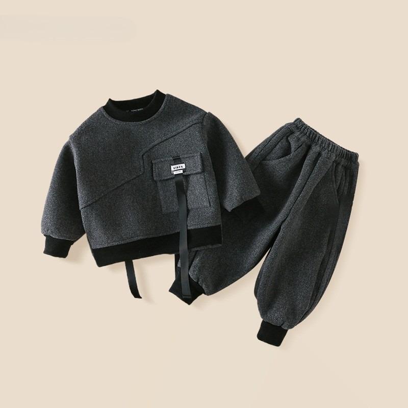 

Boys Plus Velvet Sweater Suit Autumn and Winter Warm Sweatpants Children s Two-piece Suit 150cm темно-сірий