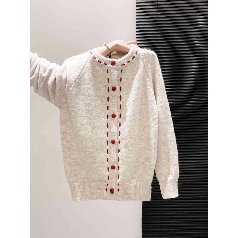 Playful age-reducing red dotted line single-breasted top cardigan women's autumn and winter thickened loose soft waxy knitted sweater jacket