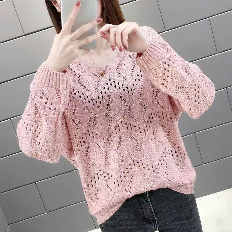 

Тонкий порожній трикотажний пуловер, сорочка з V-подібним вирізом, весняно-осінній топ, універсальний жіночий светр вільного крою XL рожевий