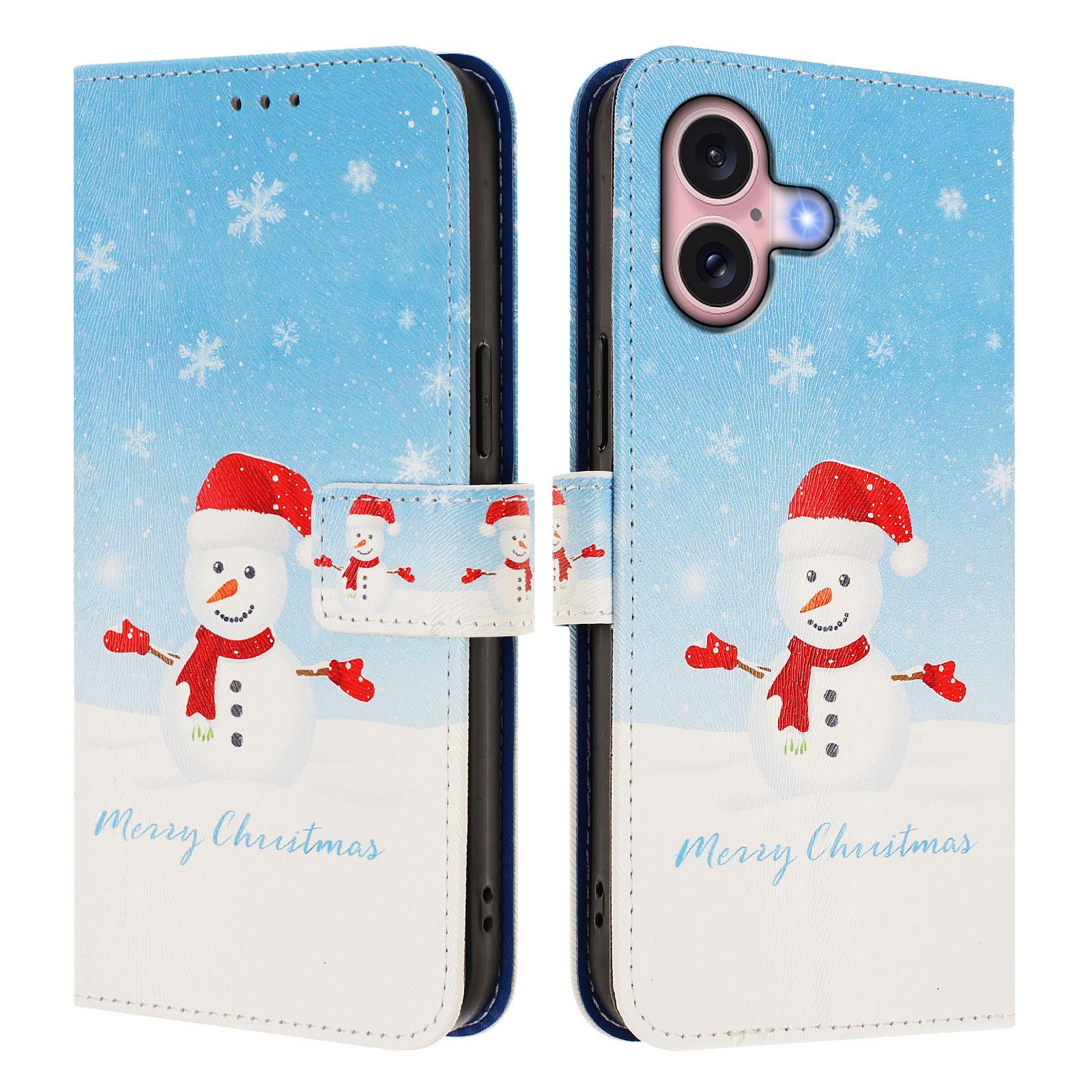 

For iPhone 16 Wallet Case Christmas Pattern Printing Leather Phone Cover with Lanyard