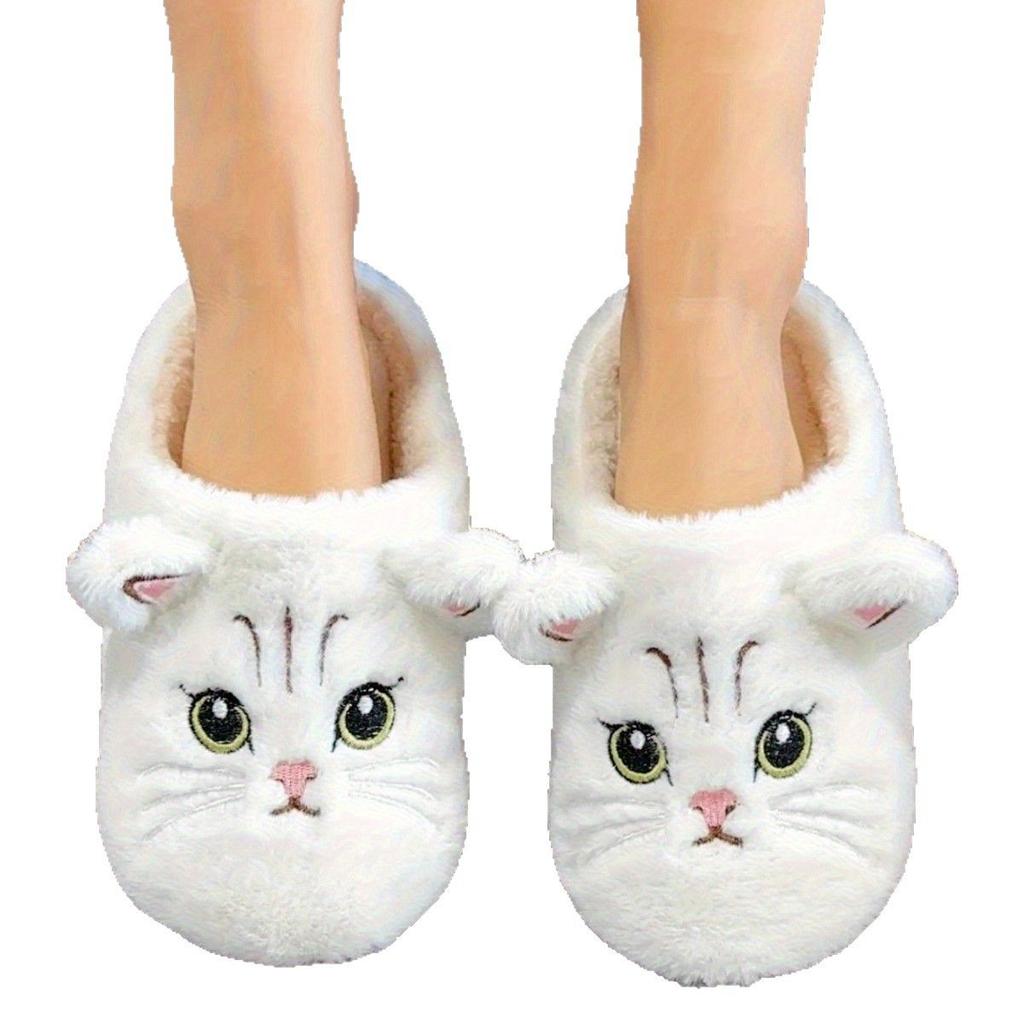 Black Soft Plush Open-Toed Cat Face Slippers for Indoor Comfort