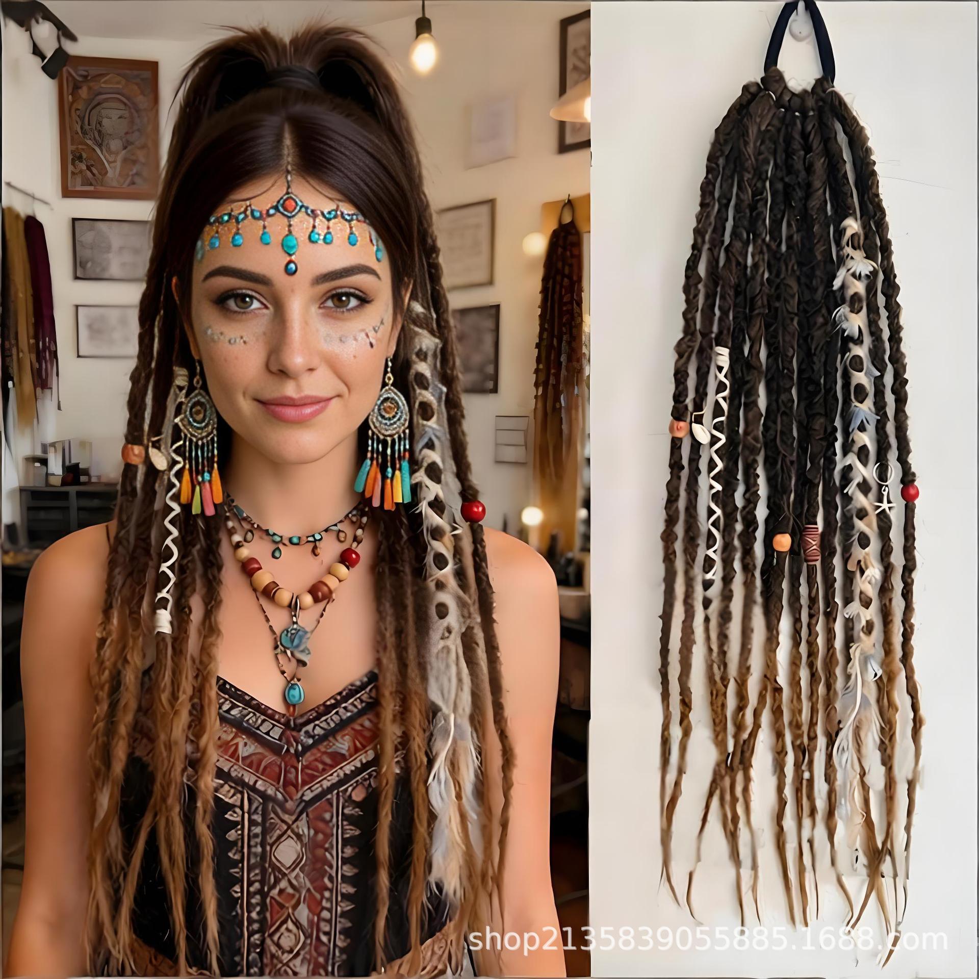 Meșe Boho Dreadlock Clip-in 16 , 2 Bucăți Extensii Păr Sintetic Handmade cu Mărgele pentru Cosplay Zilnic brown