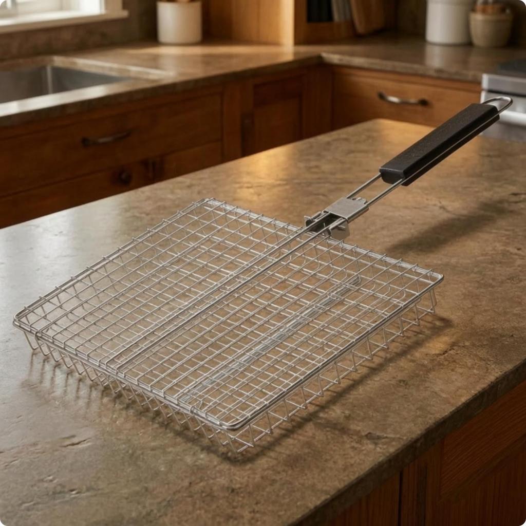 Square Grill Basket with Long Handle Electroplated Carbon Steel Folding Foldable