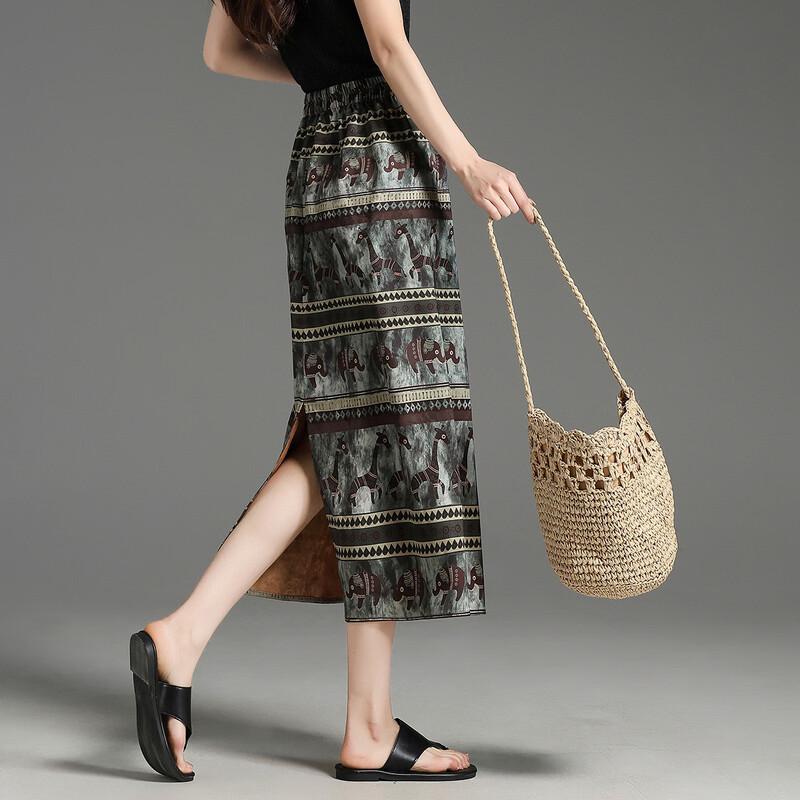 Ethnic Print Elastic Waist Midi Skirt