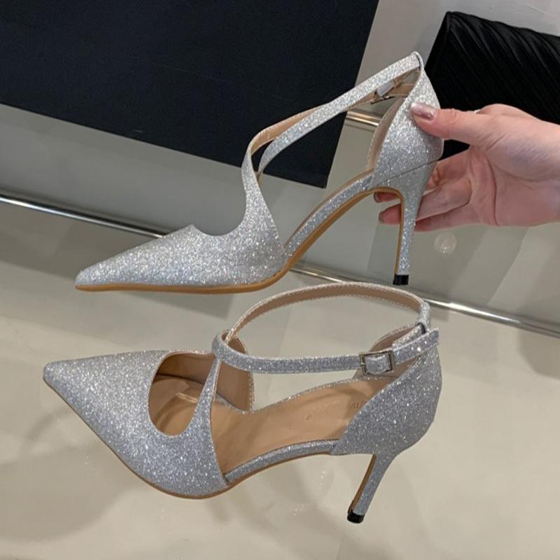 Eilyken Paillettenstoff Pumps für Damen mit spitzer Zehenpartie, elegantem Schnallenriemen und dünnen hohen Absätzen, Party Ball Mules Schuhe
