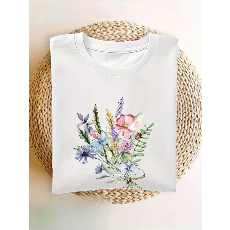 European Size Women'S Short Sleeve T-Shirt with Vibrant Floral Print - Casual Round Neck, Lightweight & Breathable for Spring/Summer,