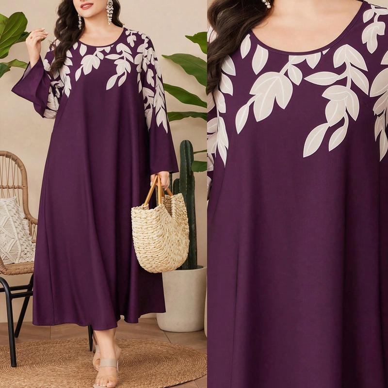 Plus Size Loose Casual Commute Plant Printed Women Long A Line Dress