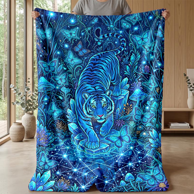 Blue Tiger Spirit Blanket Personalized Name Flannel Blanket Soft Cozy Plush Throw for Sofa Bed Lightweight Home Decor