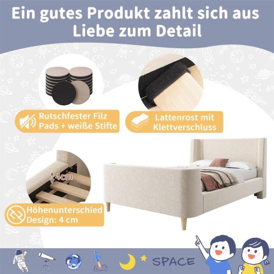 Upholstered Bed. Children Bed, Single Bed with Universe Pattern, 90 x 200cm, for Boys & Girls, Beige, Velvet (without