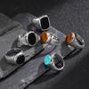 Vnox Stylish Sliver Plated Rings for Men Boys, Stainless Steel Geometric Natural Stone Signet Ring, Cool Jewelry Gifts for Him