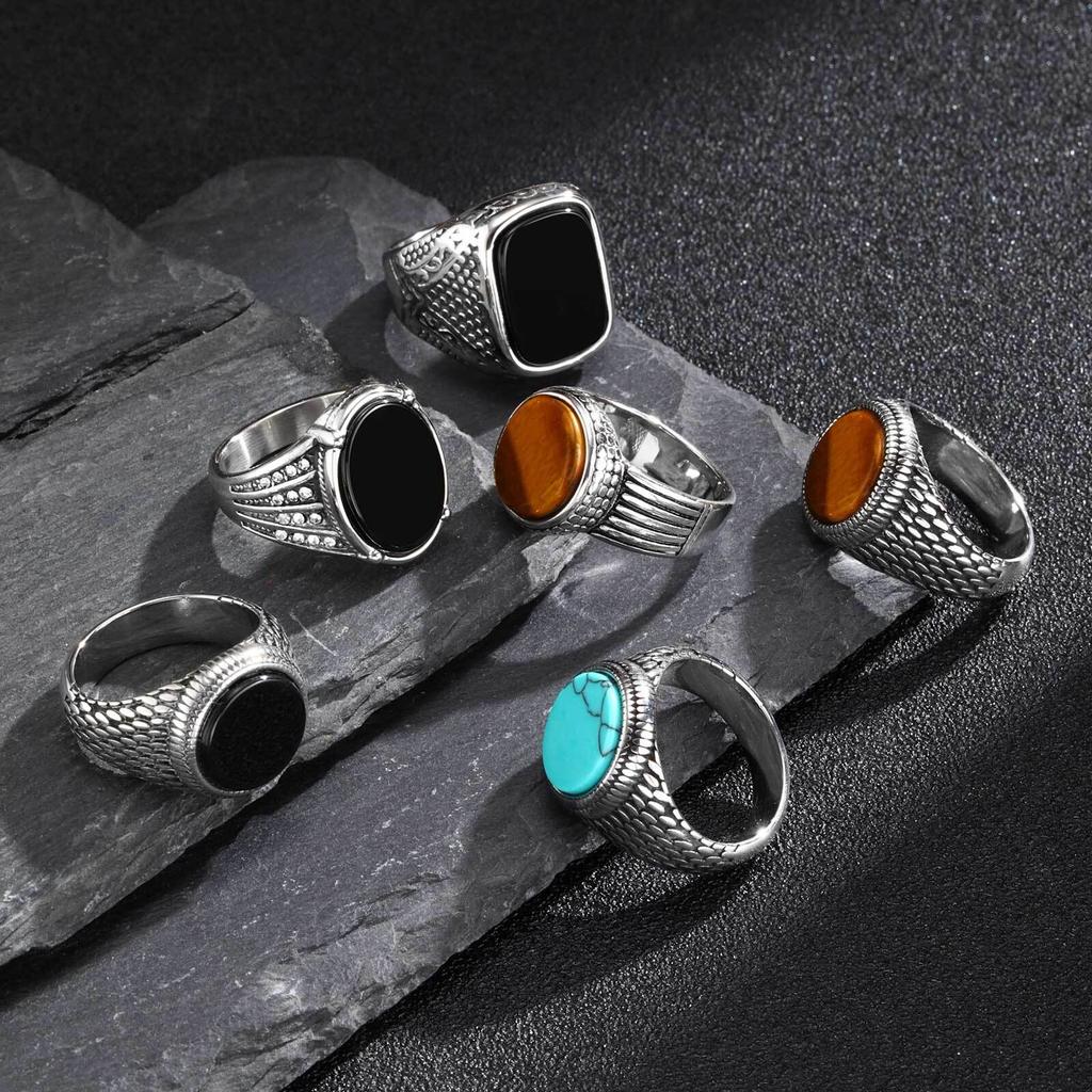 Vnox Stylish Sliver Plated Rings for Men Boys, Stainless Steel Geometric Natural Stone Signet Ring, Cool Jewelry Gifts for Him