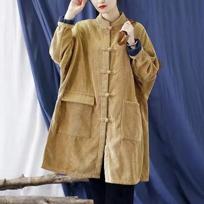 Literary Stand-up Collar Loose and Thin Mid-length Blouse Winter Disc Buckle Thick Coat Corduroy Coat Women's Clothing