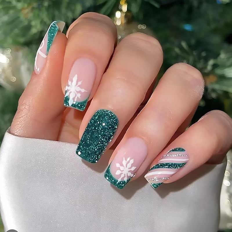 Christmas Press On Nails Medium Square Fake Nails with Gold Snowflake Christmas Tree Designs Xmas Red False Nail Acrylic Winter Snow Stick On Nail