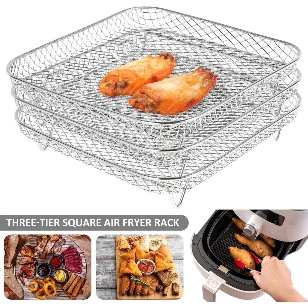 Air Fryer Racks 3Pcs Stackable Set, Stainless Steel Mesh Baskets, Multi-Use for Air Fryer, Steamer, Oven, Dishwasher Safe (7.8 x 7.8in Square)