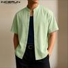 INCERUN Men Collarless Short Sleeve Button Down Casual Loose Shirts Tops
