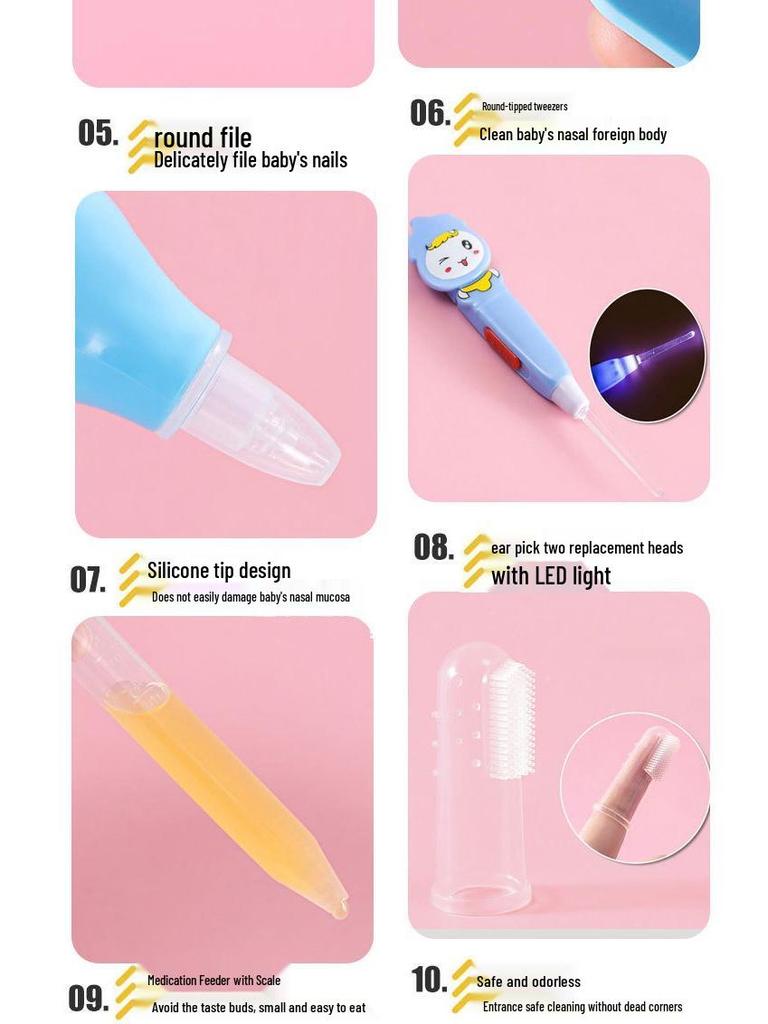 10-Piece Baby Care Set: Ear Pick, Nail Clipper, Nail File, Medicine Feeder.