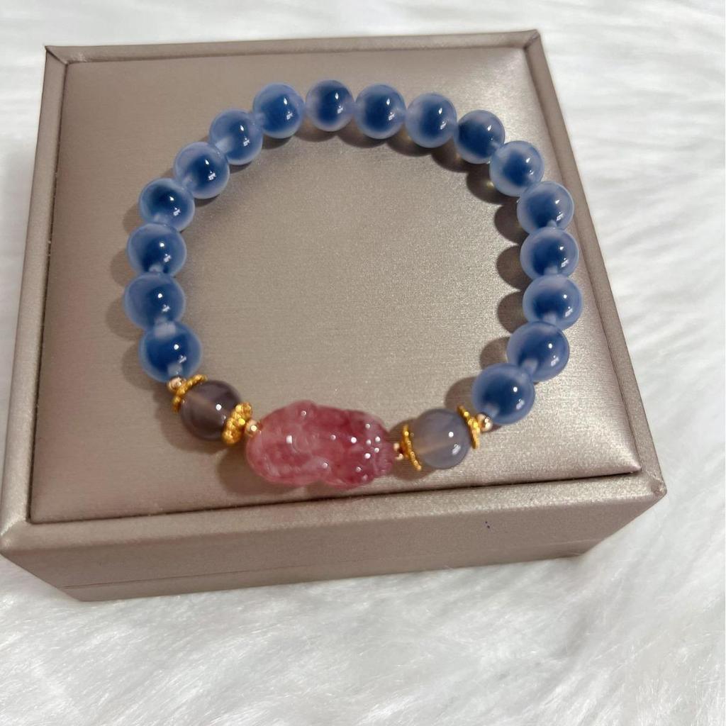 Women's Light Luxury Blue Sugar Agate & Strawberry Crystal Pixiu Bracelet - Love-Attracting Gift for Bestie