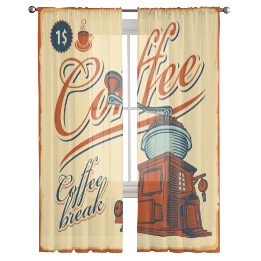 Retro Banner With The Coffee Grinder Cafe Chiffon Sheer Curtains for Living Room Bedroom Window Curtain Voiles Tulle Cortinas