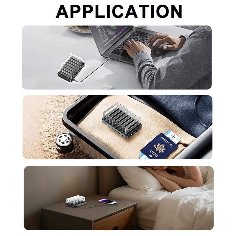 288W High-Power GaN Desktop Charging Station 8 Ports USB Multi-Port Charger with Retractable Cable for Mobile Phones & Computers