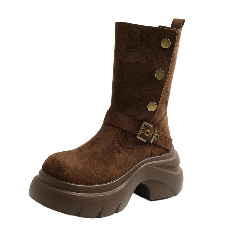 Retro thick-soled Martin boots women's 2025 new popular Maillard short boots two wear rivet belt buckle medium boots