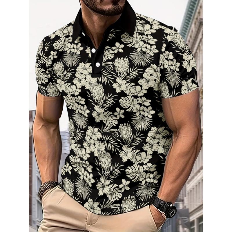 Printed Striped Flower Men's Lapel T-shirt Gradient Leopard Print T-shirt Summer Loose Fit