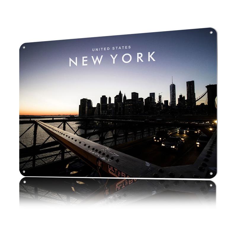 New York Skyline Nacht Gedrucktes Poster Benutzerdefinierte Wandkunst Retro Vintage Metallblechschilder für Heimdekoration Wohnzimmer Hausartikel