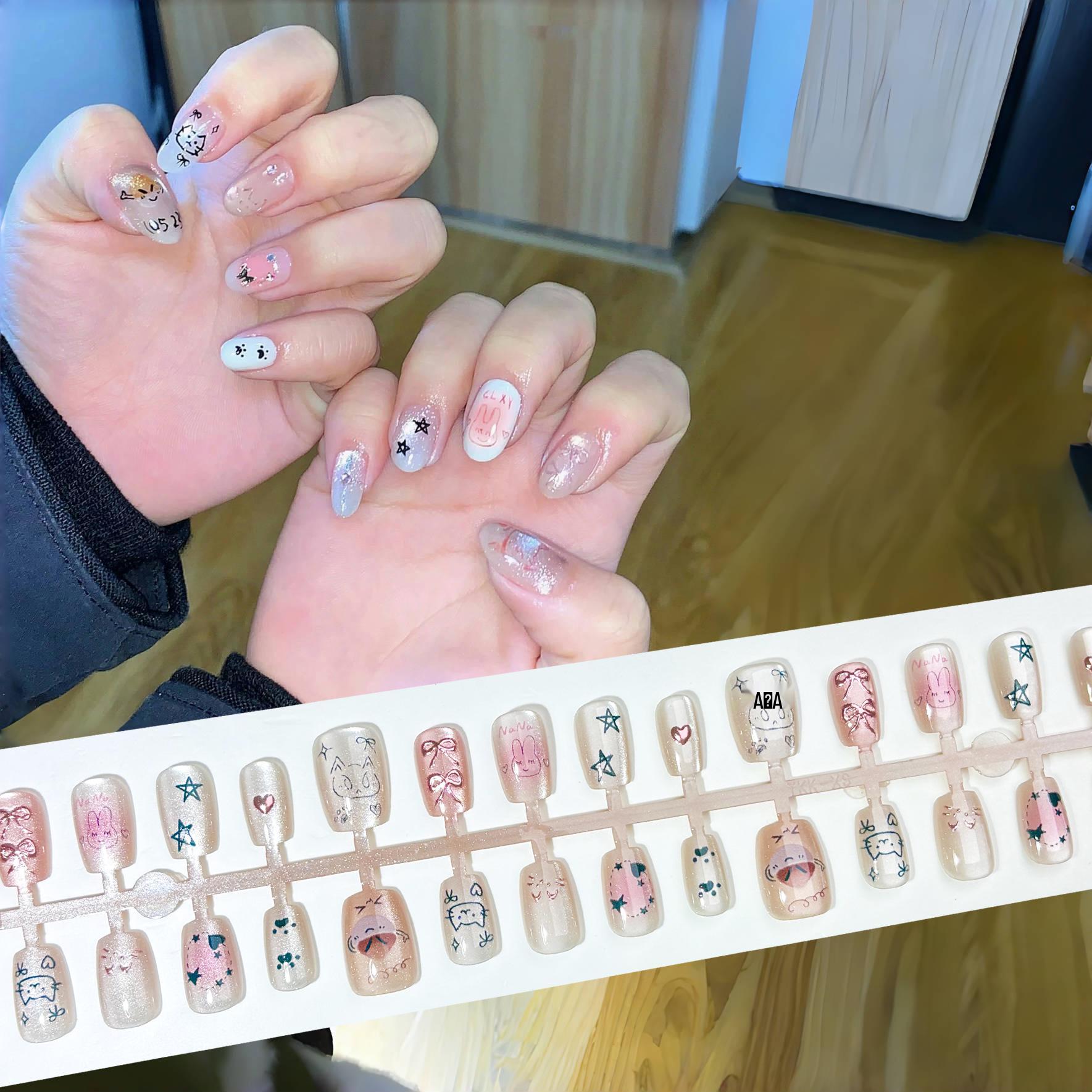 

Rose Gold Gilded Bow Heart Kitten Cartoon Press-On Nails YM409 Cute Chestnut Kitten [XS/S/M]