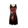 Women'S Gothic Punk Floral Skull Graphic Print Sleeveless Midi Dress Casual Black A-Line Tank Dresses Woman Summer Y2k Clothes