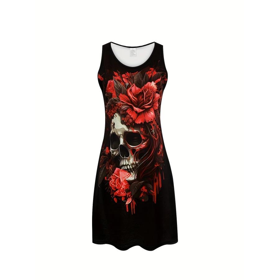 Women'S Gothic Punk Floral Skull Graphic Print Sleeveless Midi Dress Casual Black A-Line Tank Dresses Woman Summer Y2k Clothes